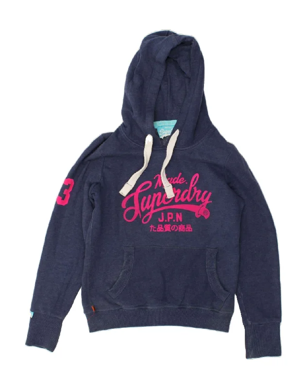 SUPERDRY Womens Graphic Hoodie Jumper UK 14 Large Navy Blue Cotton Zip Hoodie Drawstring Kangaroo Pocket SUPERDRY Womens Graphic Hoodie Jumper UK 14 Large Navy Blue Cotton Zip Hoodie Drawstring Kangaroo Pocket