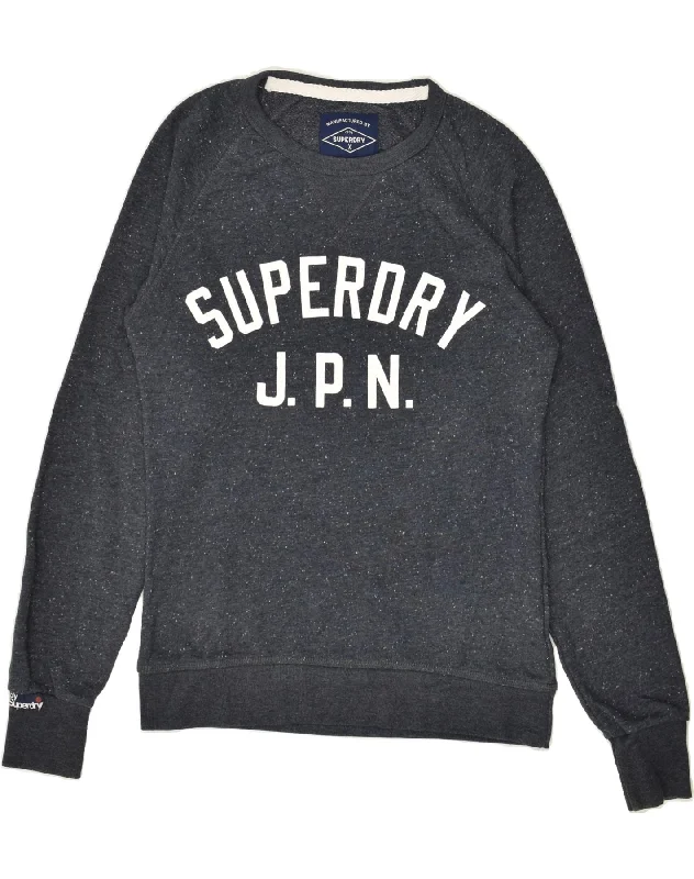 SUPERDRY Womens Graphic Sweatshirt Jumper UK 10 Small Navy Blue Cotton Hoodie with Front Slit Layering Stylish SUPERDRY Womens Graphic Sweatshirt Jumper UK 10 Small Navy Blue Cotton Hoodie with Front Slit Layering Stylish
