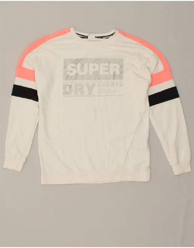 SUPERDRY Womens Graphic Sweatshirt Jumper UK 10 Small White Colourblock Hoodie with Hem Patch Decorative Personalized SUPERDRY Womens Graphic Sweatshirt Jumper UK 10 Small White Colourblock Hoodie with Hem Patch Decorative Personalized