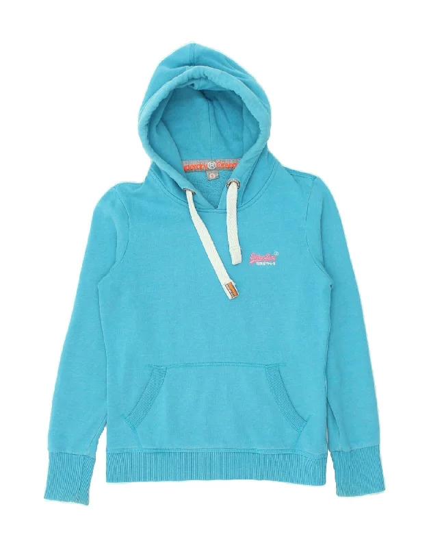 SUPERDRY Womens Hoodie Jumper UK 10 Small Blue Cotton Hoodie with Longline Fit Extended Stylish SUPERDRY Womens Hoodie Jumper UK 10 Small Blue Cotton Hoodie with Longline Fit Extended Stylish