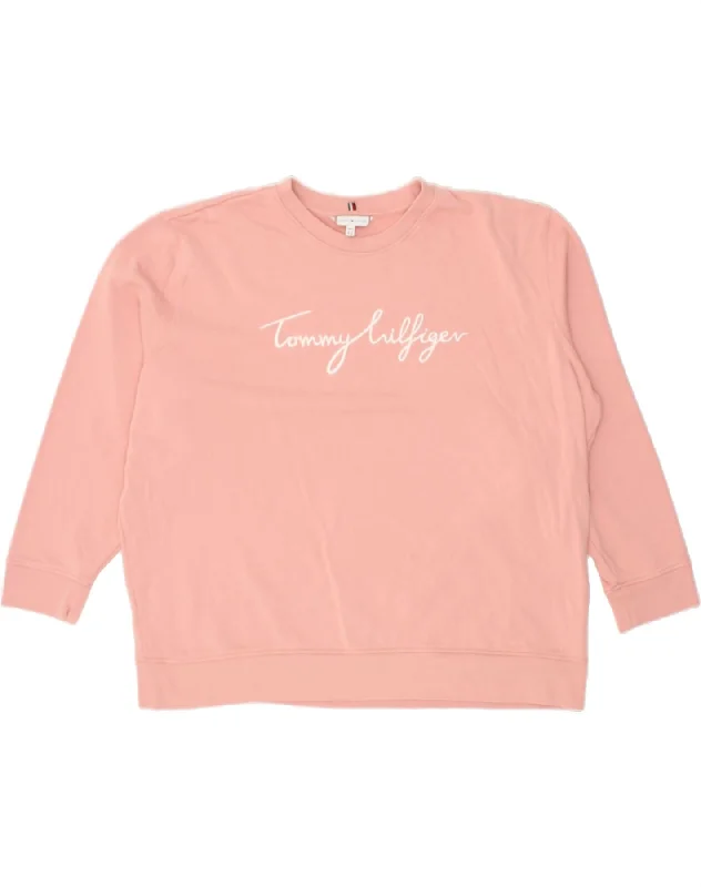 TOMMY HILFIGER Womens Graphic Sweatshirt Jumper UK 24 4XL Pink Cotton Hoodie with Puffed Sleeves Voluminous Trendy TOMMY HILFIGER Womens Graphic Sweatshirt Jumper UK 24 4XL Pink Cotton Hoodie with Puffed Sleeves Voluminous Trendy