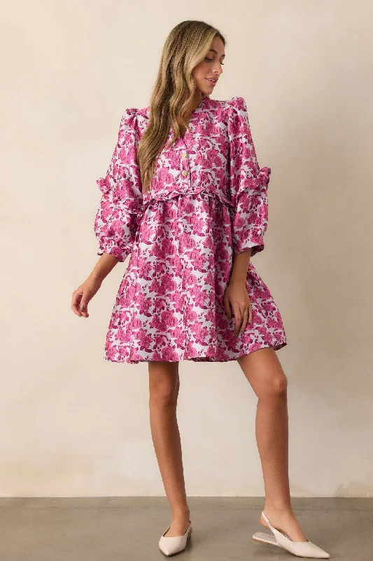 Waves of Roses Pink Floral Puff Sleeve Mini Dress Trendy Mesh Mini Dress