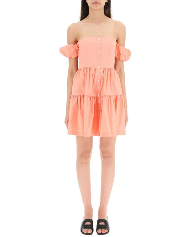 Staud Paloma Off-the-Shoulder Tiered Mini Dress in Coral Chic Puff Sleeve Mini Dress