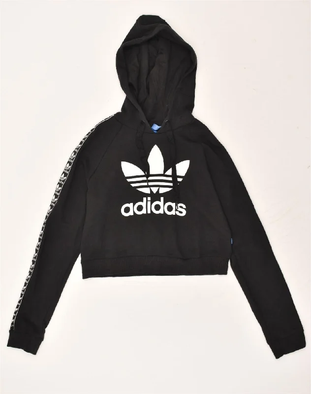 ADIDAS Womens Crop Graphic Hoodie Jumper UK 10 Small Black Cotton Hoodie with Belted Waist Structured Tailored