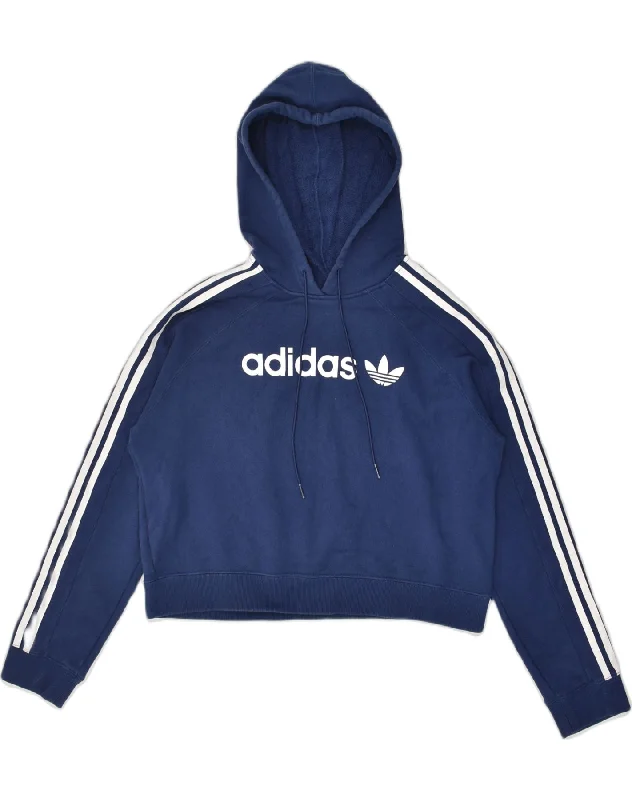 ADIDAS Womens Crop Graphic Hoodie Jumper UK 8 Small Navy Blue Cotton Hoodie with Stripes Bold Sporty