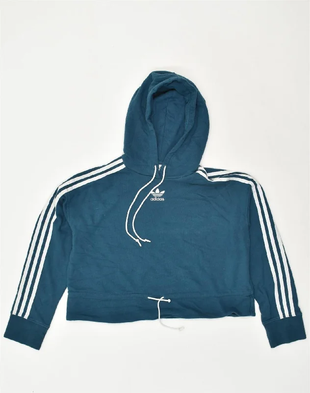 ADIDAS Womens Crop Hoodie Jumper UK 20 2XL Blue Cotton Hoodie with Toggle Buttons Decorative Unique