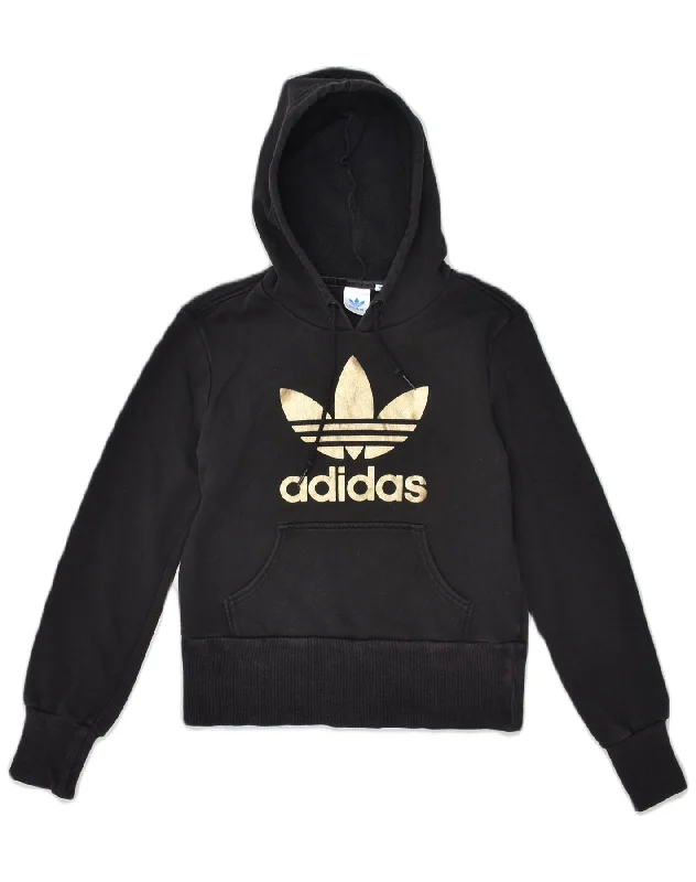 ADIDAS Womens Graphic Hoodie Jumper EU 38 Medium Black Cotton Hoodie with Crew Neck Simple Timeless