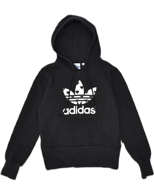 ADIDAS Womens Graphic Hoodie Jumper EU 38 Medium Black Cotton Hoodie with Turtle Neck Cozy Winter