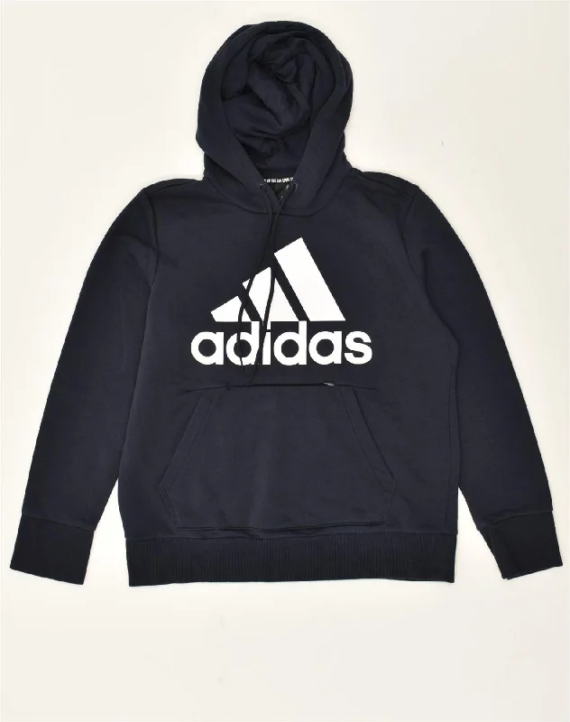 ADIDAS Womens Graphic Hoodie Jumper UK 16/18 Large Navy Blue Cotton Hoodie with Patch Decorative Personalized