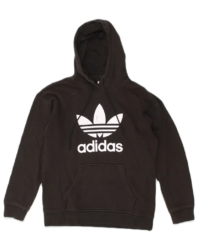 ADIDAS Womens Graphic Hoodie Jumper UK 8 Small Black Cotton Hoodie with Side Slits Relaxed Casual