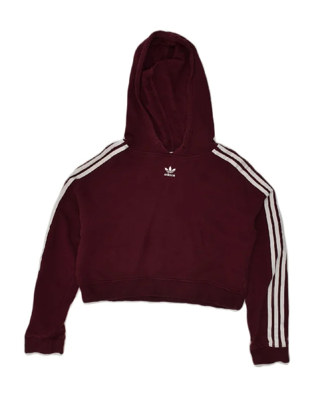 ADIDAS Womens Oversized Crop Hoodie Jumper UK 4 XS Burgundy Cotton Hoodie with Embroidery Detailed Premium