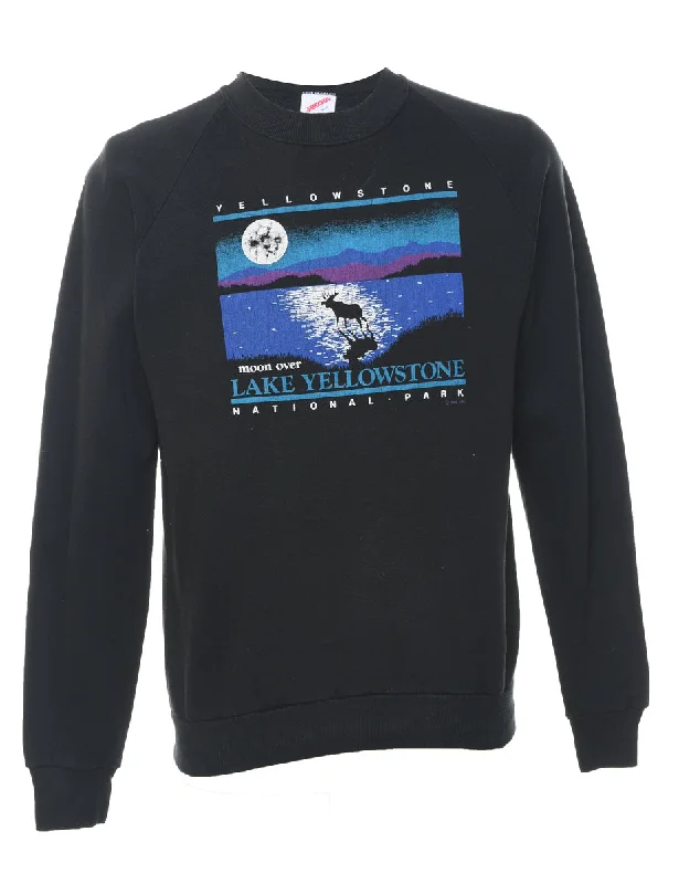 Black Yellowstone Print Sweatshirt - S Hoodie with Thumb Holes Functional Cozy