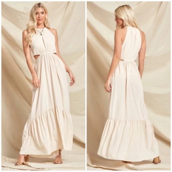 Bohemian Cream Solid Cut Out Waist Full Long Length Maxi Dress Women's Comfortable Bohemian Maxi Dress Bohemian Cream Solid Cut Out Waist Full Long Length Maxi Dress Women's Comfortable Bohemian Maxi Dress