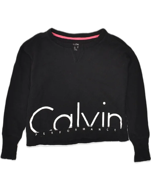 CALVIN KLEIN Womens Crop Sweatshirt Jumper UK 10 Small Black Cotton Hoodie with Velcro Closure Adjustable Secure