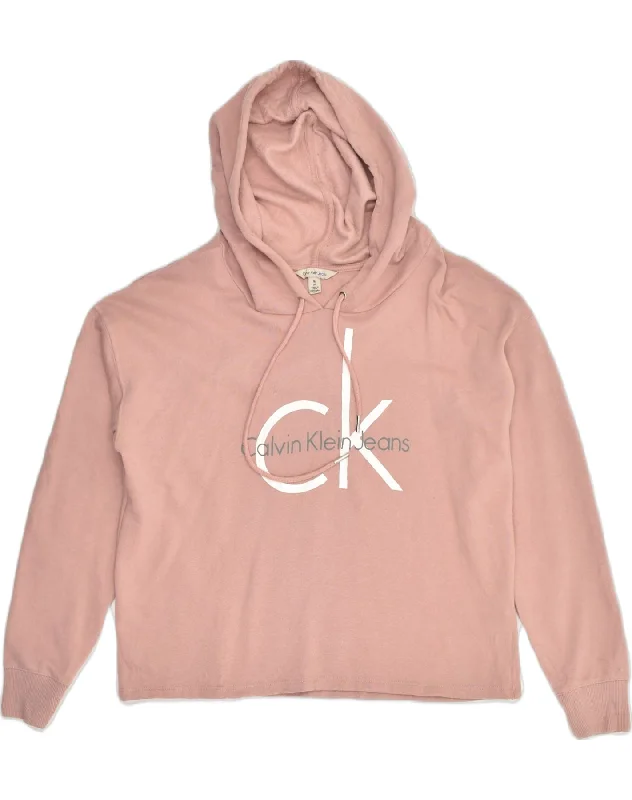 CALVIN KLEIN Womens Graphic Hoodie Jumper UK 12 Medium Pink Cotton Hoodie with Print Artistic Unique