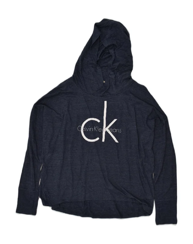 CALVIN KLEIN Womens Graphic Hoodie Jumper UK 18 XL Navy Blue Polyester Hoodie with Cropped Fit Short Trendy