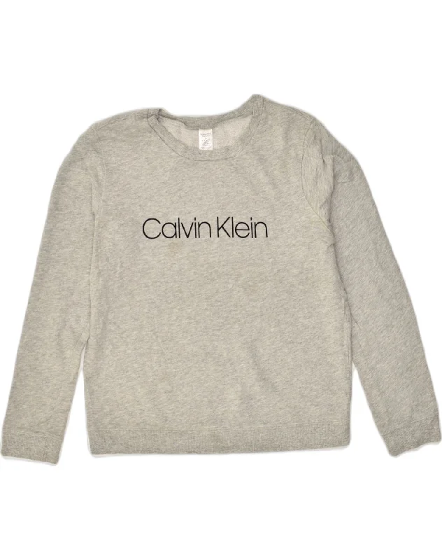 CALVIN KLEIN Womens Graphic Sweatshirt Jumper UK 14 Medium Grey Hoodie with Hem Fringe Bohemian Relaxed