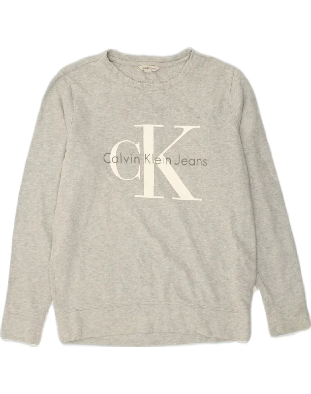 CALVIN KLEIN Womens Graphic Sweatshirt Jumper UK 6 XS Grey Cotton Hoodie with Hem Lace Feminine Delicate