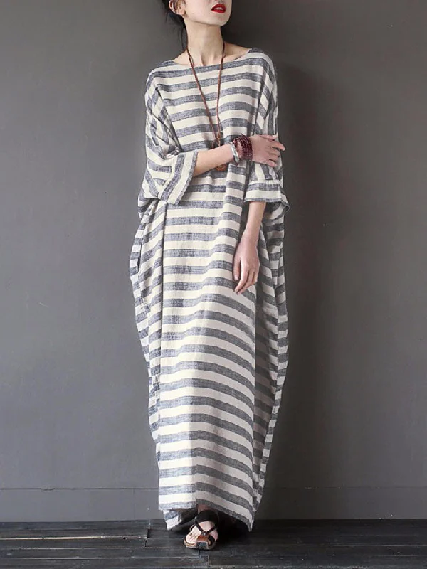 Casual 3/4 Sleeve Striped O-neck Baggy Cotton Women Maxi Dress Stylish Pleated A-Line Maxi Dress Casual 3/4 Sleeve Striped O-neck Baggy Cotton Women Maxi Dress Stylish Pleated A-Line Maxi Dress