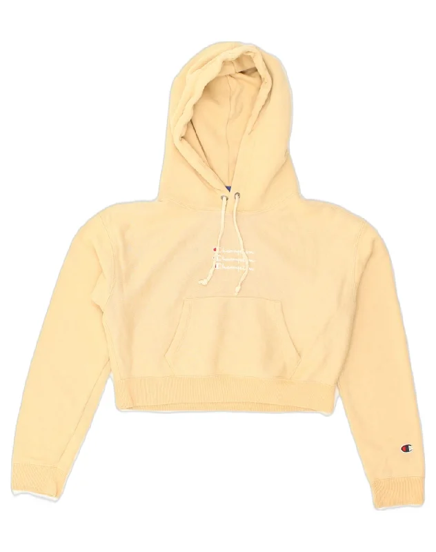 CHAMPION Womens Crop Graphic Hoodie Jumper UK 10 Small Beige Cotton Hoodie with Mesh Breathable Sporty