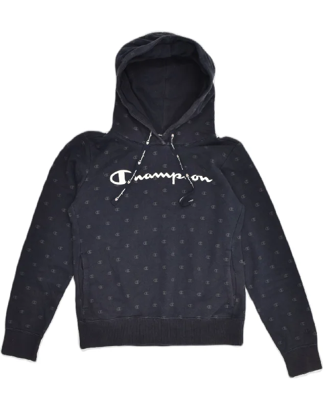 CHAMPION Womens Graphic Hoodie Jumper UK 10 Small  Navy Blue Cotton Zip Hoodie Drawstring Kangaroo Pocket