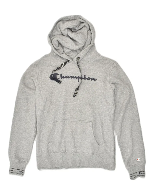 CHAMPION Womens Graphic Hoodie Jumper UK 14 Medium Grey Hoodie with Mock Neck Collared Structured