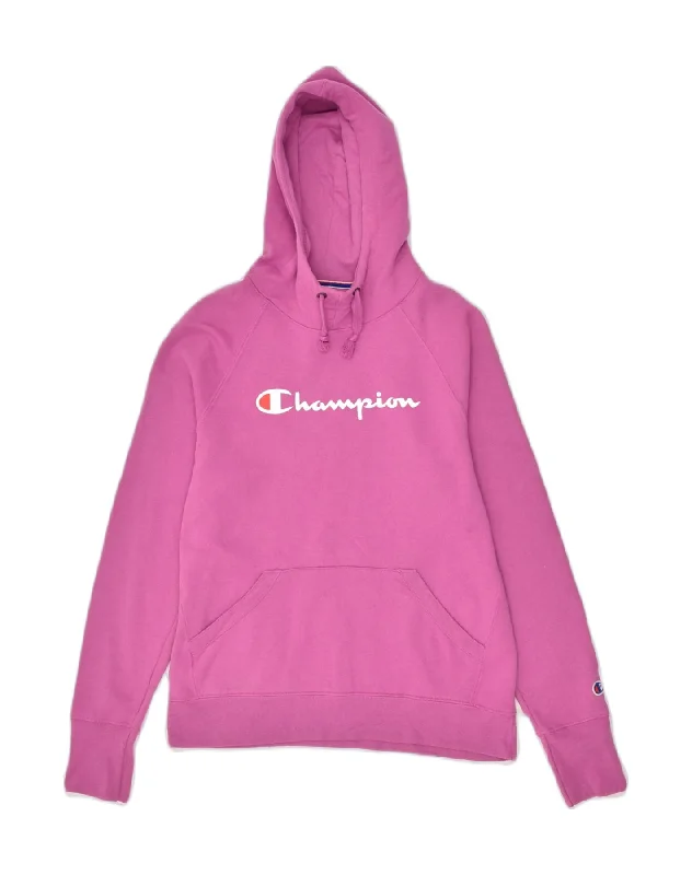 CHAMPION Womens Graphic Hoodie Jumper US 2 XS Pink Polyester Hoodie with Hem Embroidery Detailed Premium