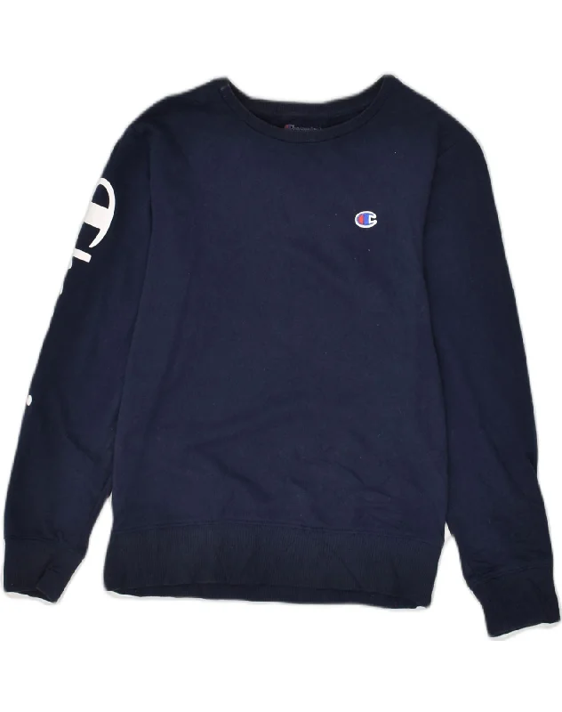 CHAMPION Womens Graphic Sweatshirt Jumper UK 12 Medium Navy Blue Cotton Hoodie with Monochrome Minimalist Simple