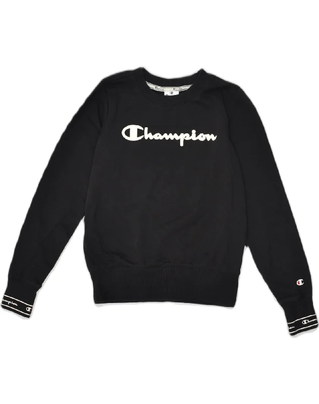 CHAMPION Womens Graphic Sweatshirt Jumper UK 6 XS Black Cotton Hoodie with Cuffed Sleeves Snug Secure