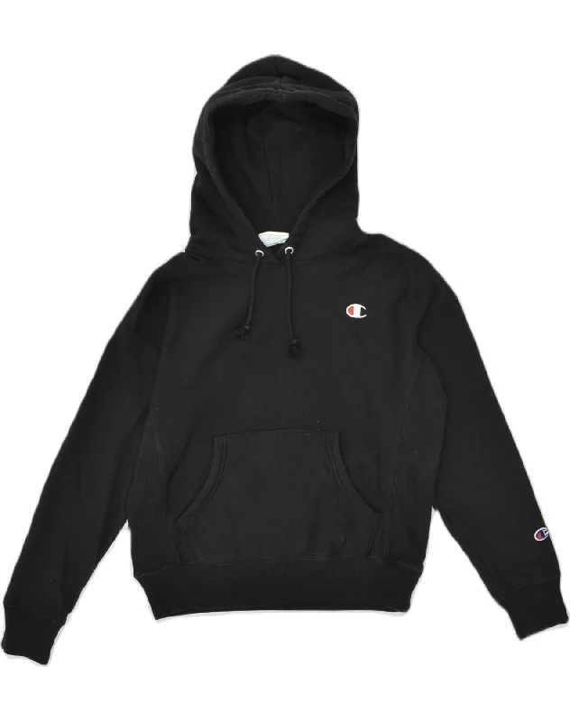 CHAMPION Womens Hoodie Jumper UK 10 Small Black Cotton Hoodie with Front Slit Layering Stylish