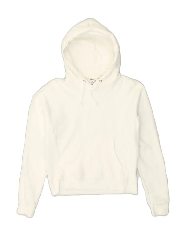 CHAMPION Womens Hoodie Jumper UK 6 XS White Cotton Hoodie with Applique Textured Unique