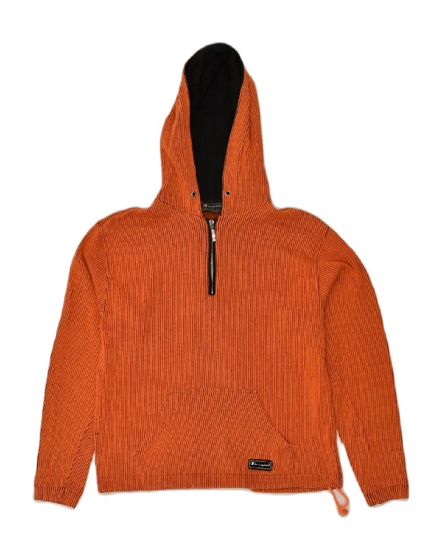 CHAMPION Womens Zip Neck Hoodie Jumper UK 16 Large Orange Striped Cotton Hoodie with Hem Detail Decorative Unique