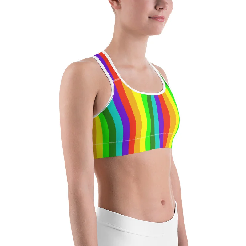 Rainbow Striped Women's Sports Bra, Colorful Bright Workout Fitness Bra-Made in USA/EU (XS-2XL) High-Cut Bra Design