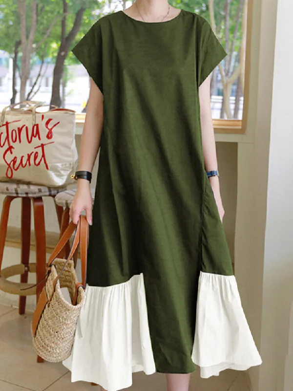 Contrast Color Spliced O-neck Short Sleeve Back Zipper Plain Casual Women Maxi Dress Cozy Cold-Shoulder Maxi Dress Contrast Color Spliced O-neck Short Sleeve Back Zipper Plain Casual Women Maxi Dress Cozy Cold-Shoulder Maxi Dress