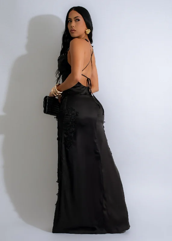 Crimson Embrace Satin Maxi Dress Black Trendy Short Sleeve Maxi Dress