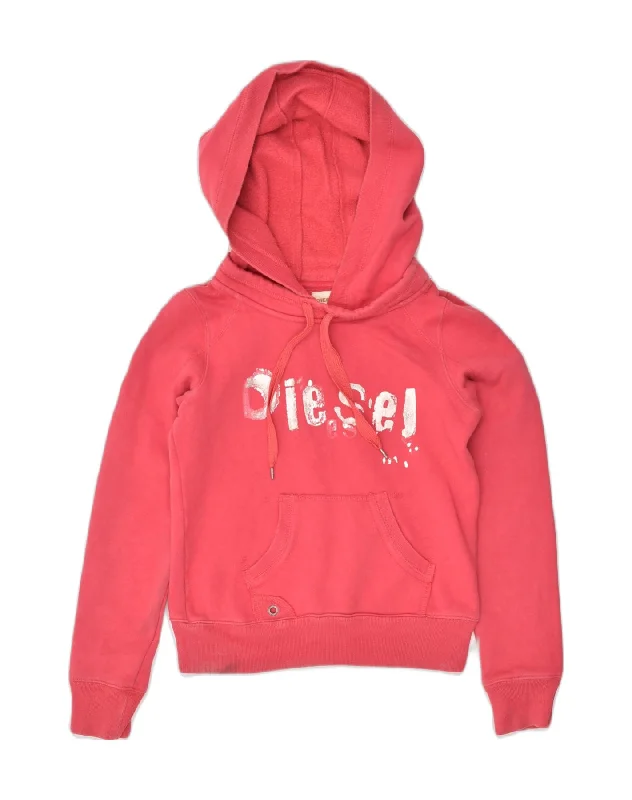 DIESEL Womens Graphic Hoodie Jumper UK 8 Small Red Cotton Hoodie with Elastic Waist Stretchable Comfortable