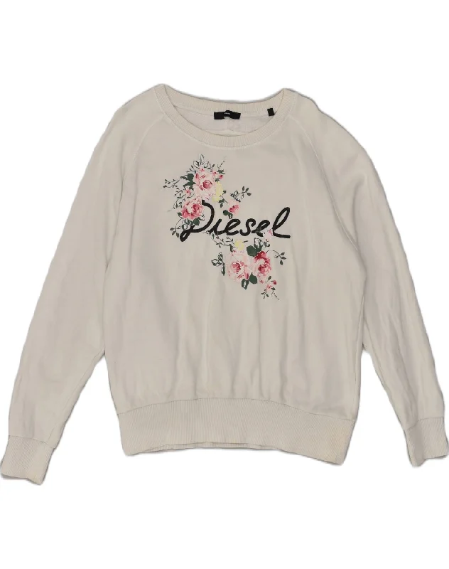 DIESEL Womens Graphic Sweatshirt Jumper UK 10 Small Off White Floral Hoodie with Pocket Utility Practical