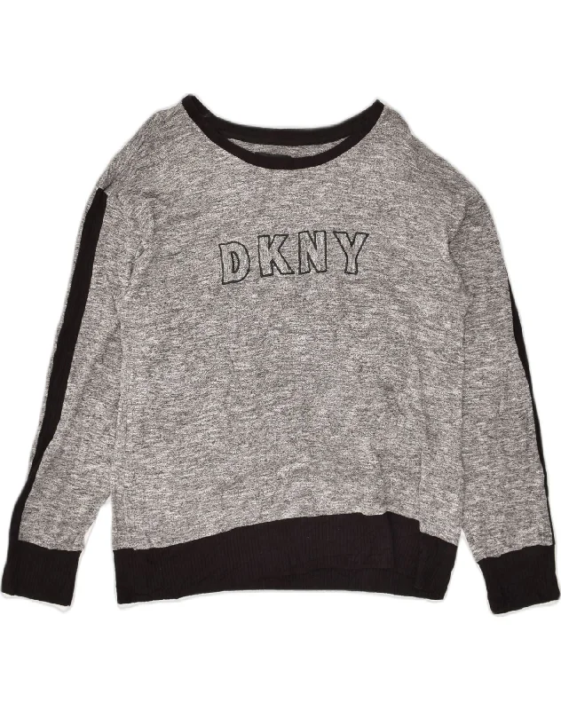 DKNY Womens Graphic Sweatshirt Jumper UK 16 Large Grey Flecked Viscose Hoodie Sweatshirt Pullover