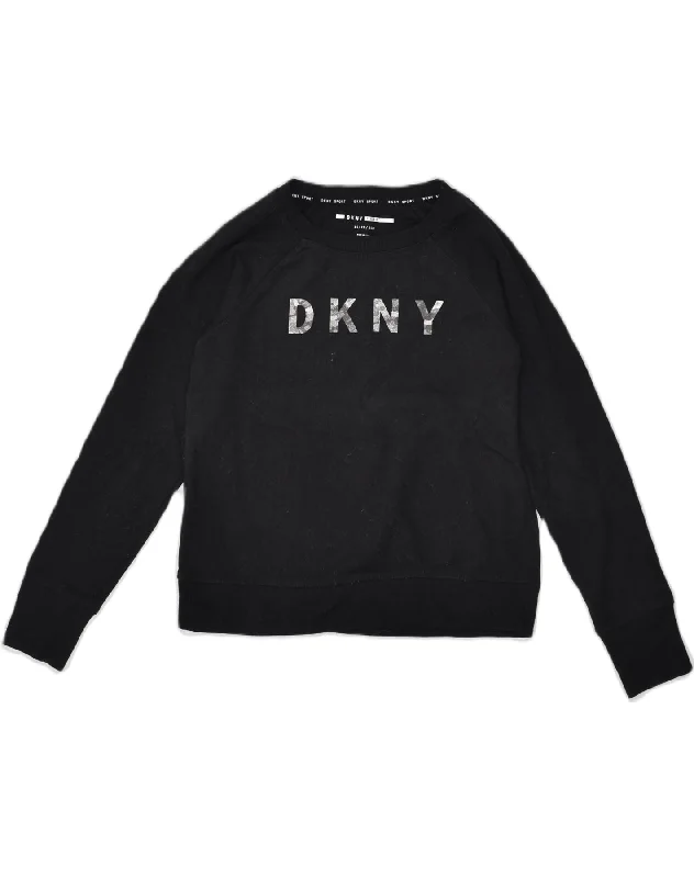 DKNY Womens Graphic Sweatshirt Jumper UK 6 XS Black Cotton Hoodie with Frayed Bohemian Relaxed