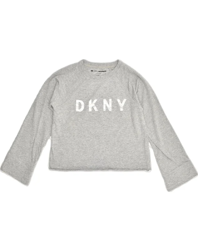 DKNY Womens Loose Fit Crop Sweatshirt Jumper UK 6 XS  Grey Cotton Hoodie with Mesh Breathable Sporty