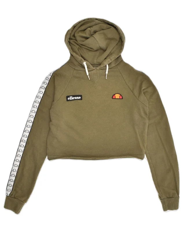 ELLESSE Womens Crop Graphic Hoodie Jumper UK 6 XS Khaki Cotton Graphic Hoodie Design Print