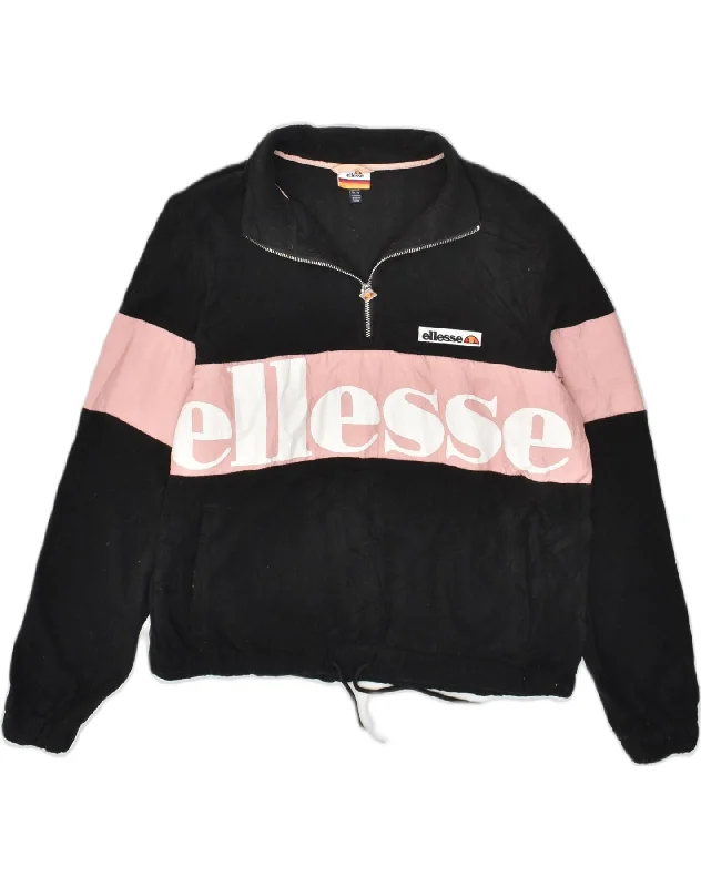 ELLESSE Womens Graphic Fleece Sweatshirt Jumper UK 10 Small Black Hoodie with Drawcord Adjustable Secure