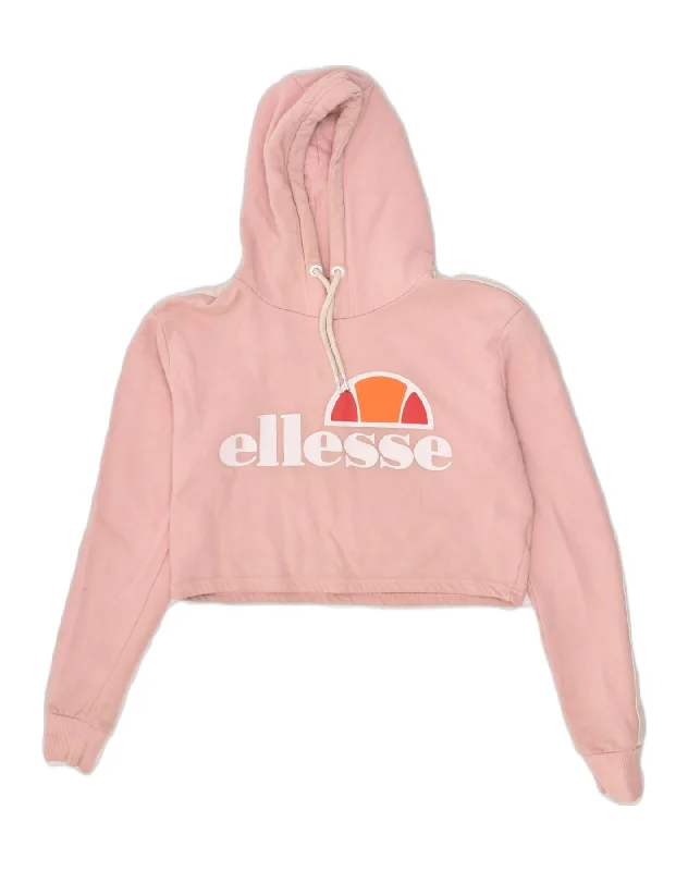 ELLESSE Womens Graphic Hoodie Jumper UK 10 Small Pink Cotton Hoodie with Bell Sleeves Flared Feminine