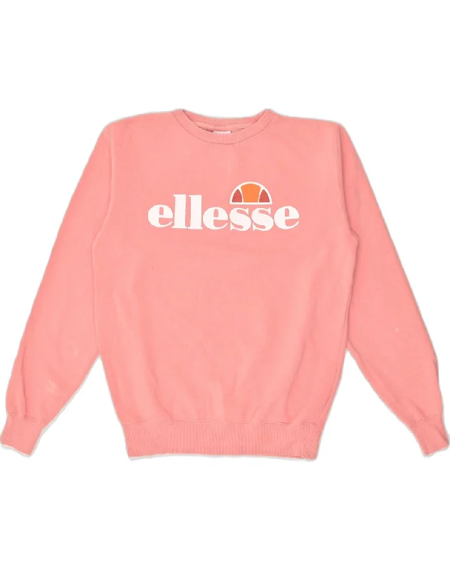 ELLESSE Womens Graphic Sweatshirt Jumper UK 10 Small Pink Cotton Hoodie with Drawcord Adjustable Secure