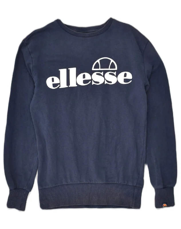 ELLESSE Womens Graphic Sweatshirt Jumper UK 8 Small Navy Blue Cotton Hoodie with Set-In Sleeves Structured Classic