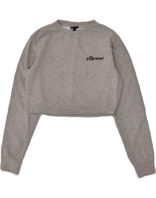 ELLESSE Womens Oversized Crop Sweatshirt Jumper UK 10 Small Grey Cotton Hoodie with Rolled Sleeves Casual Relaxed