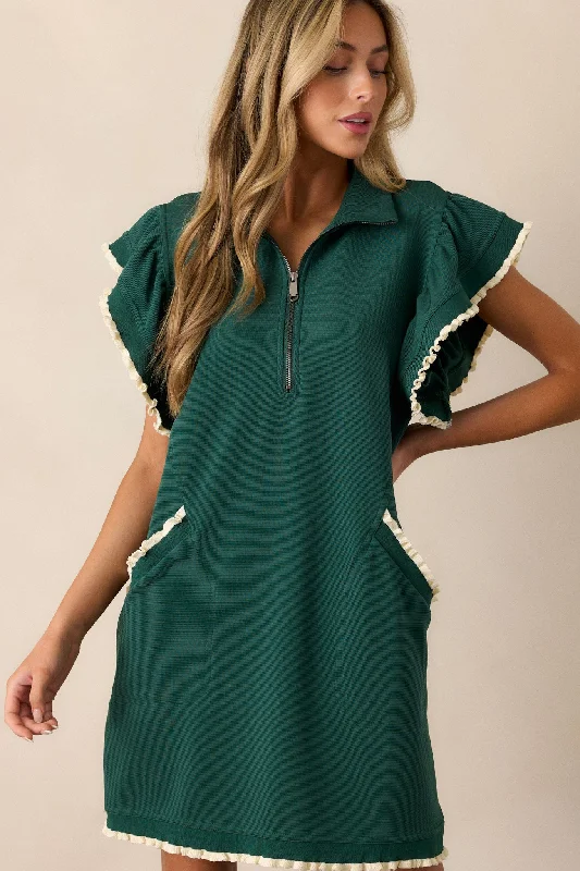 Everywhere & Back Forest Green Flutter Sleeve Mini Dress Cozy Cowl Neck Mini Dress