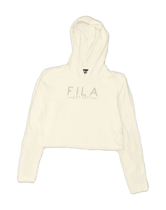 FILA Womens Crop Graphic Hoodie Jumper UK 14 Medium White Cotton Hoodie with Oversized Fit Loose Comfortable