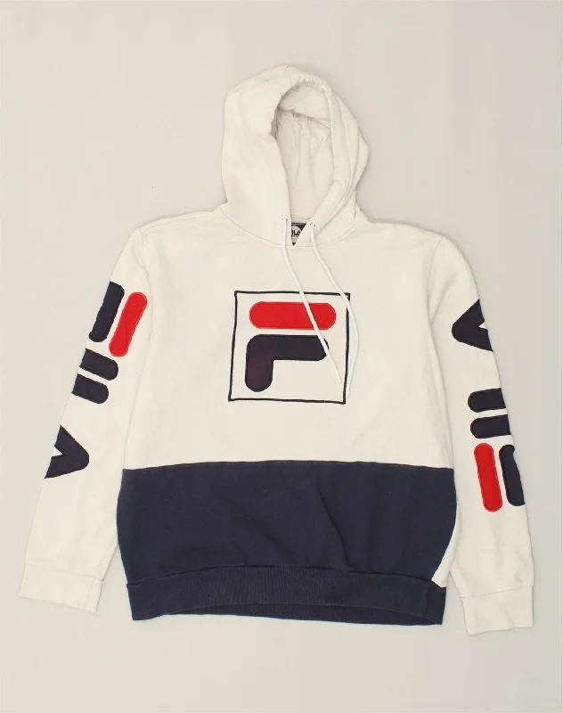 FILA Womens Graphic Hoodie Jumper UK 12 Medium Off White Colourblock Hoodie with Cuffed Sleeves Snug Secure