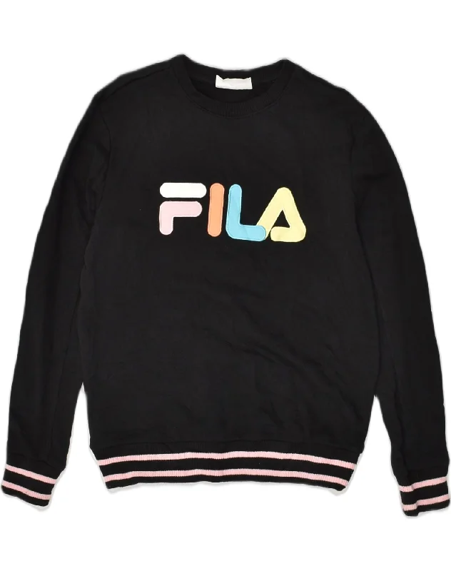 FILA Womens Graphic Sweatshirt Jumper UK 10 Small Black Cotton Hoodie with Raglan Sleeves Sporty Comfortable